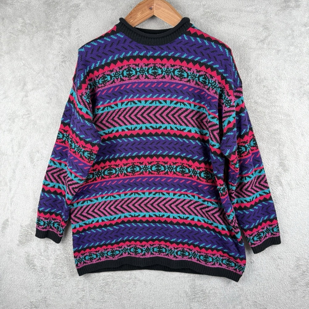 Karen Scott Chenille Sweater Womens L Mock Neck Multicolor Geometric 90s Retro